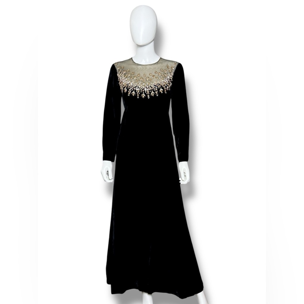 1960s Malcolm Starr Black Velvet Dress with Embellished Illusion Neckline